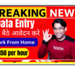 A 10th pass fresher working as a Data Entry Specialist from home in India during night shift, using laptop and headphones in a quiet home office setup.