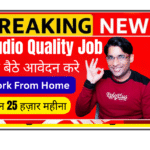 Audio Quality Control professional listening to audio episodes with headphones checking sound quality against script on laptop screen