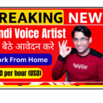 Hindi Voice Artist recording in professional home studio with microphone headphones and acoustic panels for AI training project