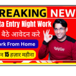 Remote Data Entry Associate working at night from home office on computer with data entry interface and spreadsheet