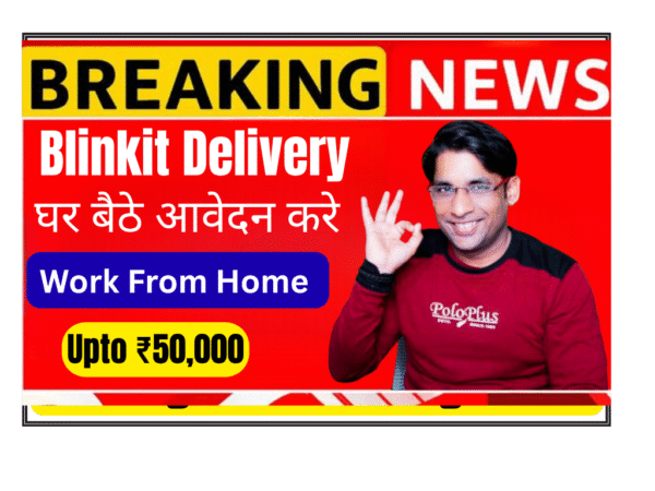 Blinkit delivery partner delivering grocery order on two-wheeler with green bag in Indian city