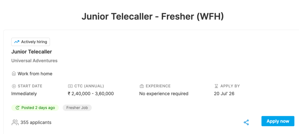 Requirements and skills for junior telecaller job at Universal Adventures including android phone laptop proficiency in Hindi and English and MS-Excel