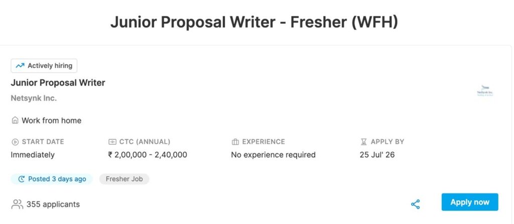 Junior Proposal Writer job highlights at Netsynk Inc. showing salary ₹2,00,000 - ₹2,40,000 per year, night shift 7 PM to 4 AM, remote work, and freshers welcome.