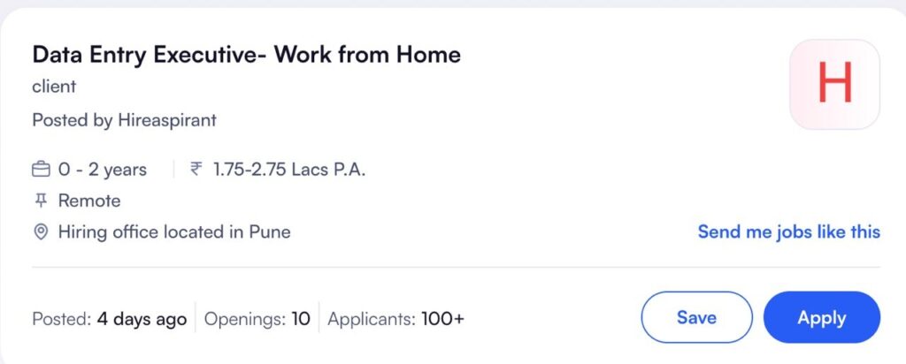 Data Entry Executive work from home job hiring by Hireaspirant with 1.75-2.75 LPA salary