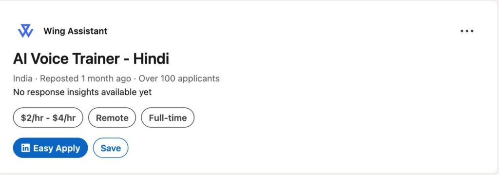 Wing Assistant pays 2 to 4 dollars per hour for Hindi Tamil Telugu and Bengali voice trainers.