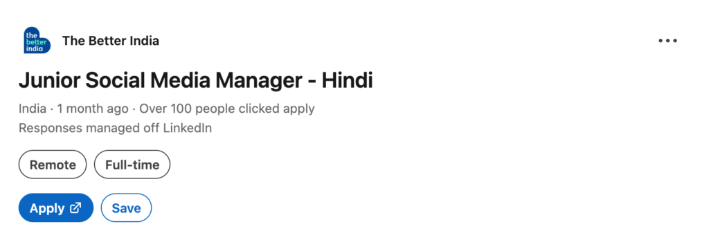 The Better India hiring banner for Junior Social Media Manager Hindi showing social media icons like Instagram Facebook Twitter YouTube LinkedIn and Hindi text inspiring stories.
