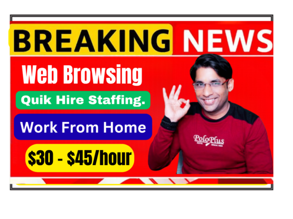Woman web browsing analyst working remotely from home office evaluating search engine results quality on laptop for Quik Hire Staffing.