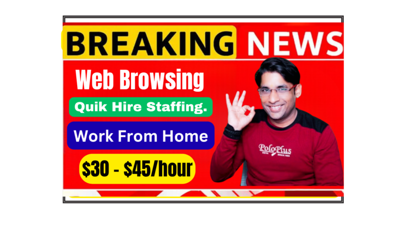 Woman web browsing analyst working remotely from home office evaluating search engine results quality on laptop for Quik Hire Staffing.