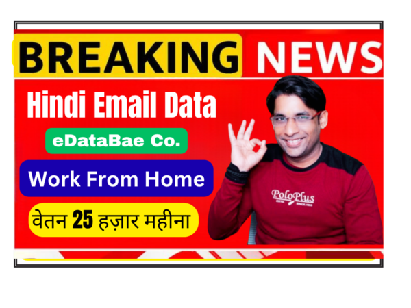 Hindi Email Data Associate working remotely from home office organizing and classifying Hindi language business email samples on laptop for eDataBae.