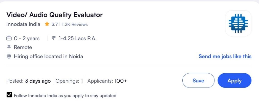 How to apply for Video Audio Quality Evaluator job at Innodata India, selection process includes 2 assessments, follow Innodata India for updates.
