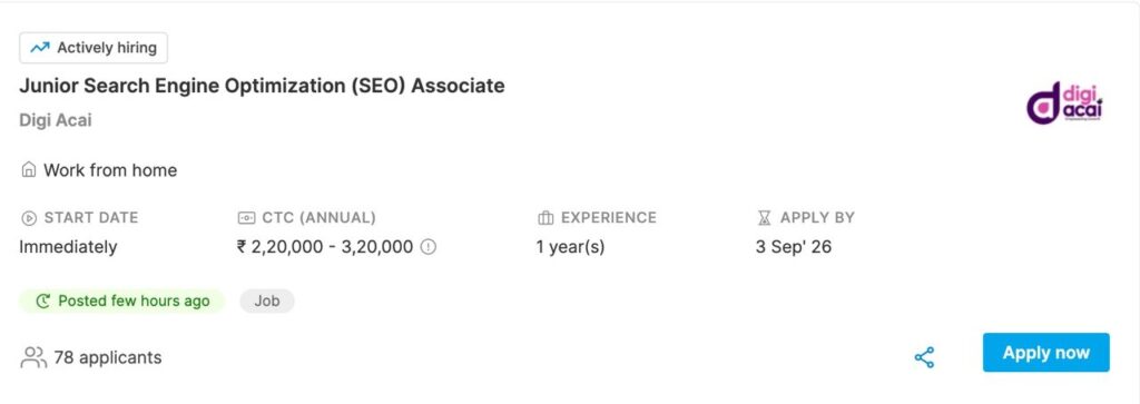 Chart showing annual CTC of 2.2 to 3.2 Lakhs for Junior SEO job with fixed pay 2 to 3 Lakhs and variable pay 20 thousand rupees, plus work from home benefits