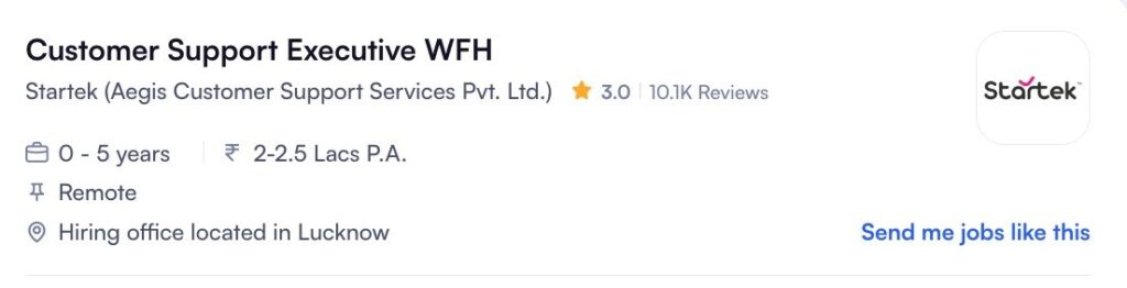 "Customer Support Executive salary and benefits Startek 2026 - Freshers ₹18,000 CTC, Experienced ₹19,600 CTC, monthly salary ₹12,790 to ₹14,327, quarterly bonus up to ₹17,903, PF and ESIC benefits, work from home job"