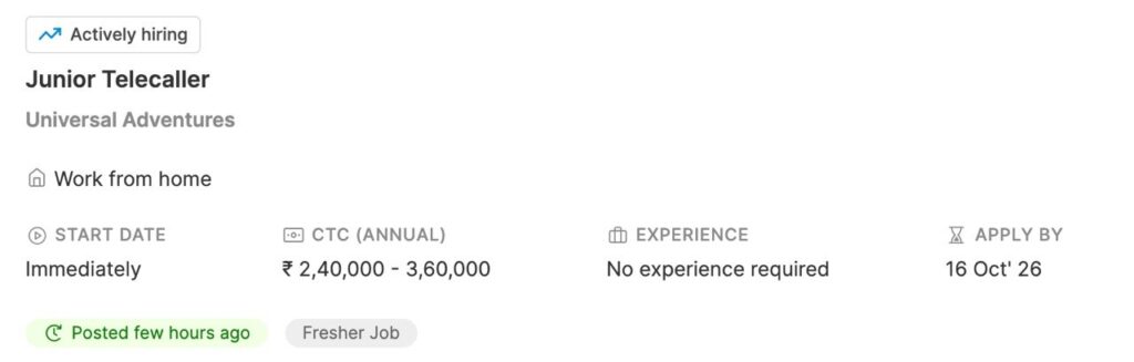 Universal Adventures Telecaller Salary 2026 – ₹2.40 to ₹3.60 LPA for Freshers Universal Adventures's Junior Telecaller Remote Job 2026