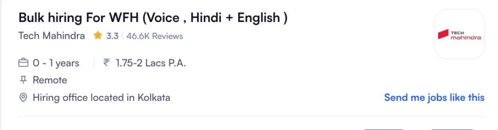 Tech Mahindra work from home voice process job in India for Hindi and English speakers - 12th pass freshers customer support remote hiring