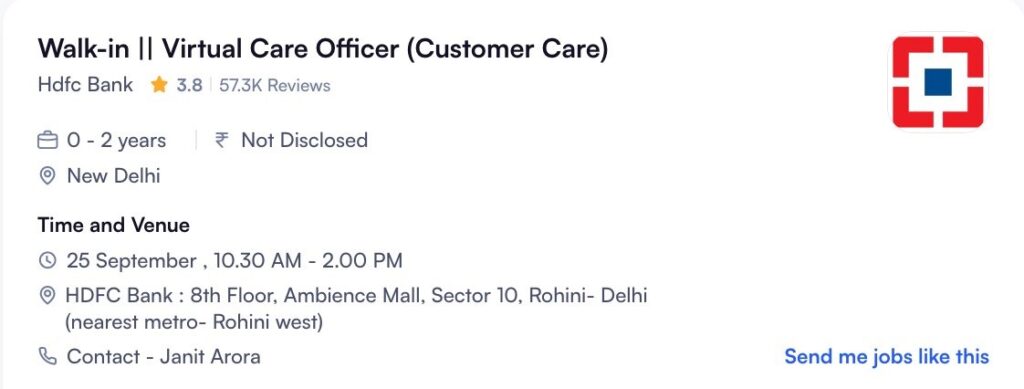 HDFC Bank Rohini Branch – Virtual Care Officer Interview Venue Delhi HDFC Bank Walk-in Drive Customer Care Job in Delhi 2026