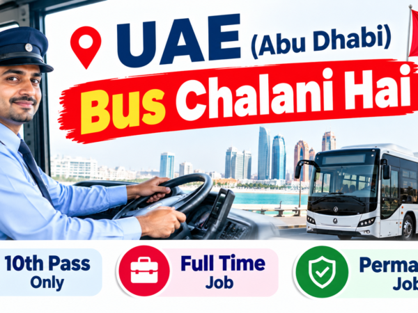 Abu Dhabi heavy bus driver driving a luxury coach on Sheikh Zayed Road with Abu Dhabi skyline in background – UAE heavy bus driver job vacancy 2026