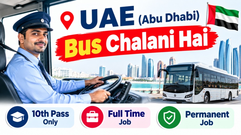 Abu Dhabi heavy bus driver driving a luxury coach on Sheikh Zayed Road with Abu Dhabi skyline in background – UAE heavy bus driver job vacancy 2026