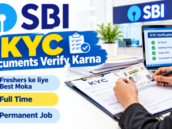 SBI Card Executive KYC job in Gurugram India – KYC executive working on computer with credit card documents for SBI Card recruitment 2026