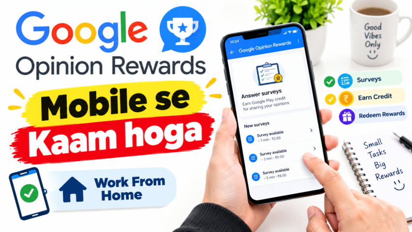 Google Opinion Rewards app survey screen on smartphone – earn Google Play Balance by answering short surveys in India with Google Opinion Rewards 2026