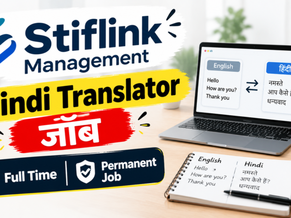Hindi translator working on English to Hindi technical translation at desk in Delhi NCR office