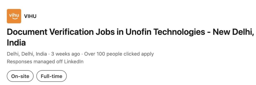 Unofin Technologies Document Verification Job in New Delhi – Office Work Scene Unofin Technologies Document Verification Job 2026