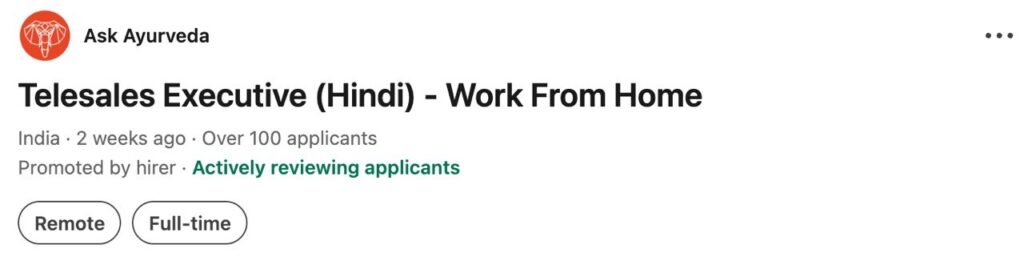 Ask Ayurveda Telesales Executive (Hindi) Work From Home Job 2026