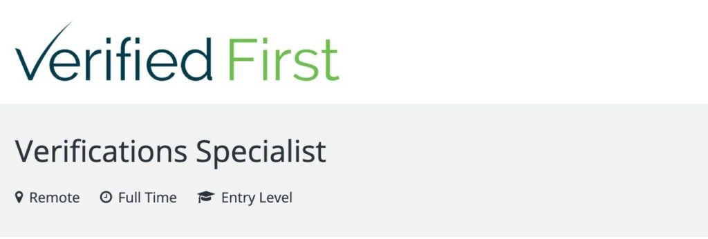 Verifications Specialist responsibilities infographic with outbound calls internet research background screening typing 45 WPM and qualifications for remote job