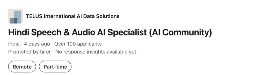 TELUS Digital Hindi Speech & Audio AI Specialist Job 2026